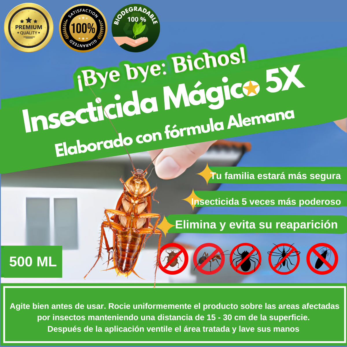 Bye Bye Bichos Eliminador de plagas | Potente Insecticida para el Hogar Fácil de aplicar